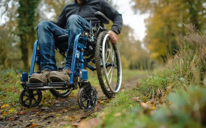 man in wheelchair navigating a forest path during autumn