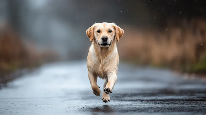 dog walking on road