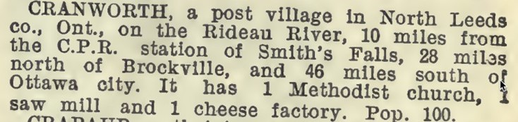 Cranworth description, published in Lovell’s Gazetteer of the Dominion of Canada, 1908